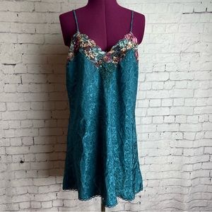 Romantic moods vintage 1990’s slip dress nightgown teal with floral lace trim